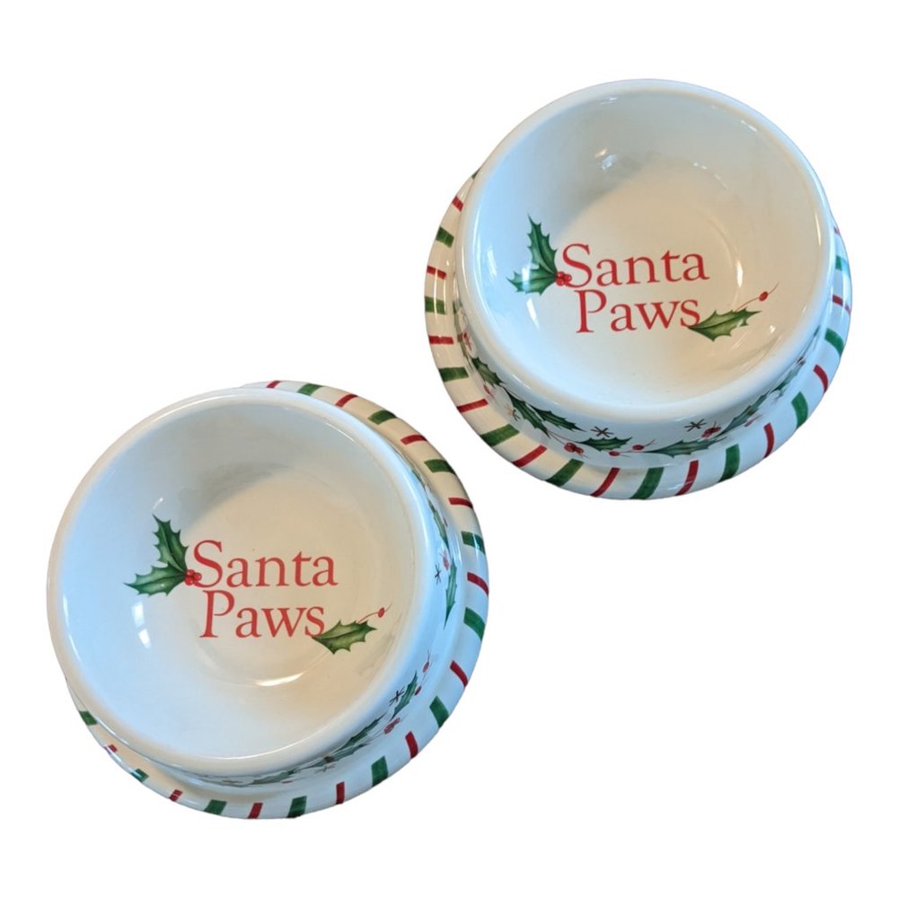 2 Vintage Lenox Christmas "Santa Paws" Pet bowls adorned with ivy and berries